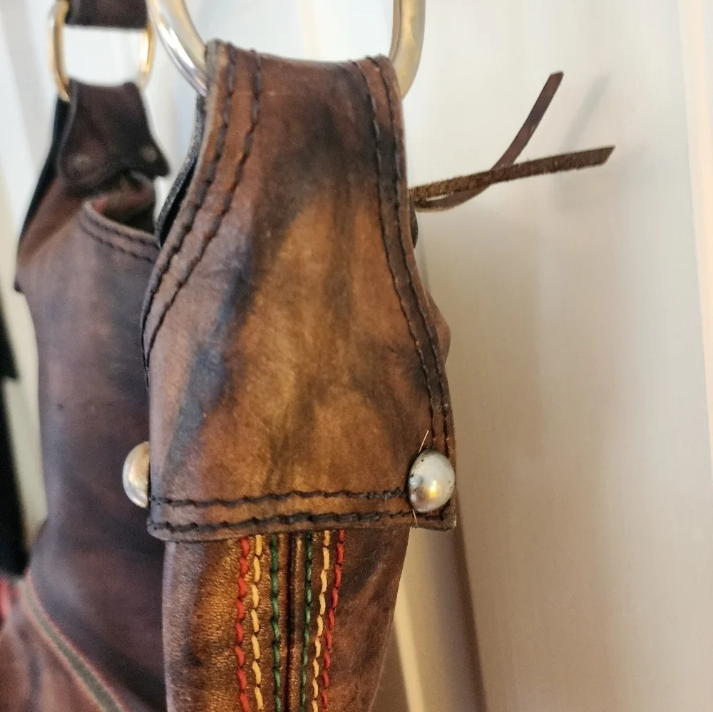 Vintage  dark brown leather unlined shoulder bucket bag boho